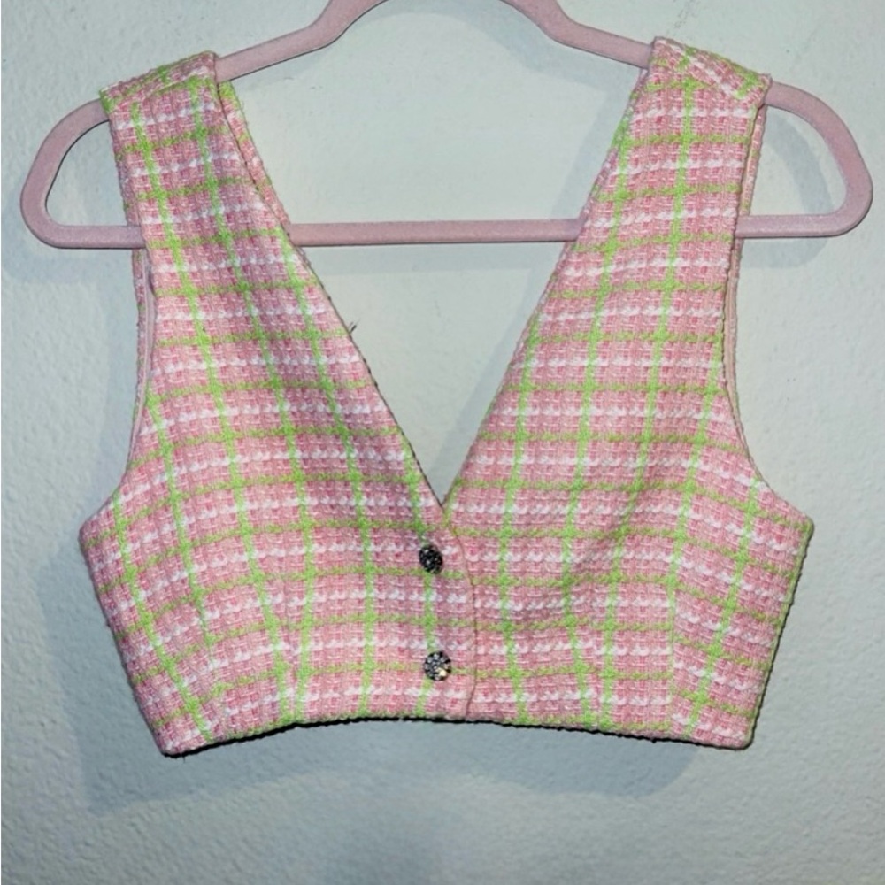 Zara Pink and Green Checkered Crop Top Tweed XS